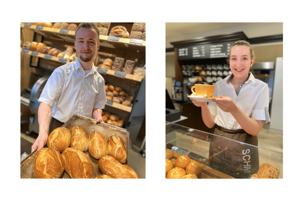 Verkäufer und Verkäuferin der Mühlenbäckerei Schmacke bei der Arbeit in der Filiale