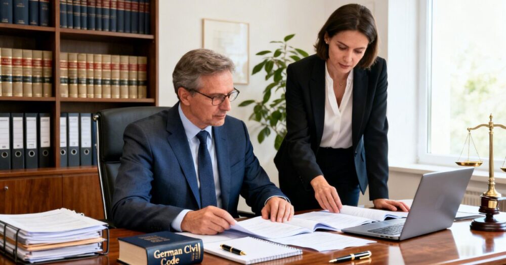 Ein Rechtsanwalt und seine Assistentin befinden sich in einer Kanzlei und besprechen formelle Angelegenheiten.