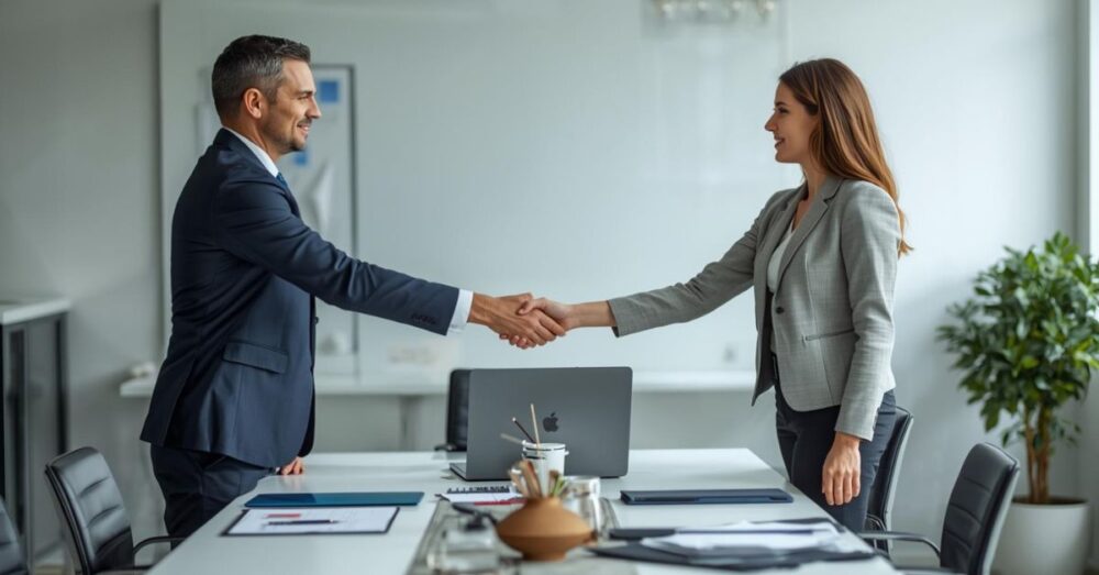 Arbeitgeber und Kandidatin besiegeln nach einem Gespräch per Handschlag die erfolgreiche Einstellung als Finanzbuchhalterin, am Tisch mit Laptop und Vertragsunterlagen.