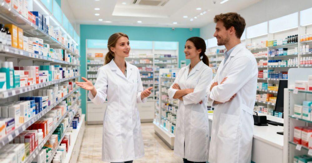 3 Mitarbeiter einer Apotheke stehen vor dem Regal und die führende Apothekerin erklärt etwas.